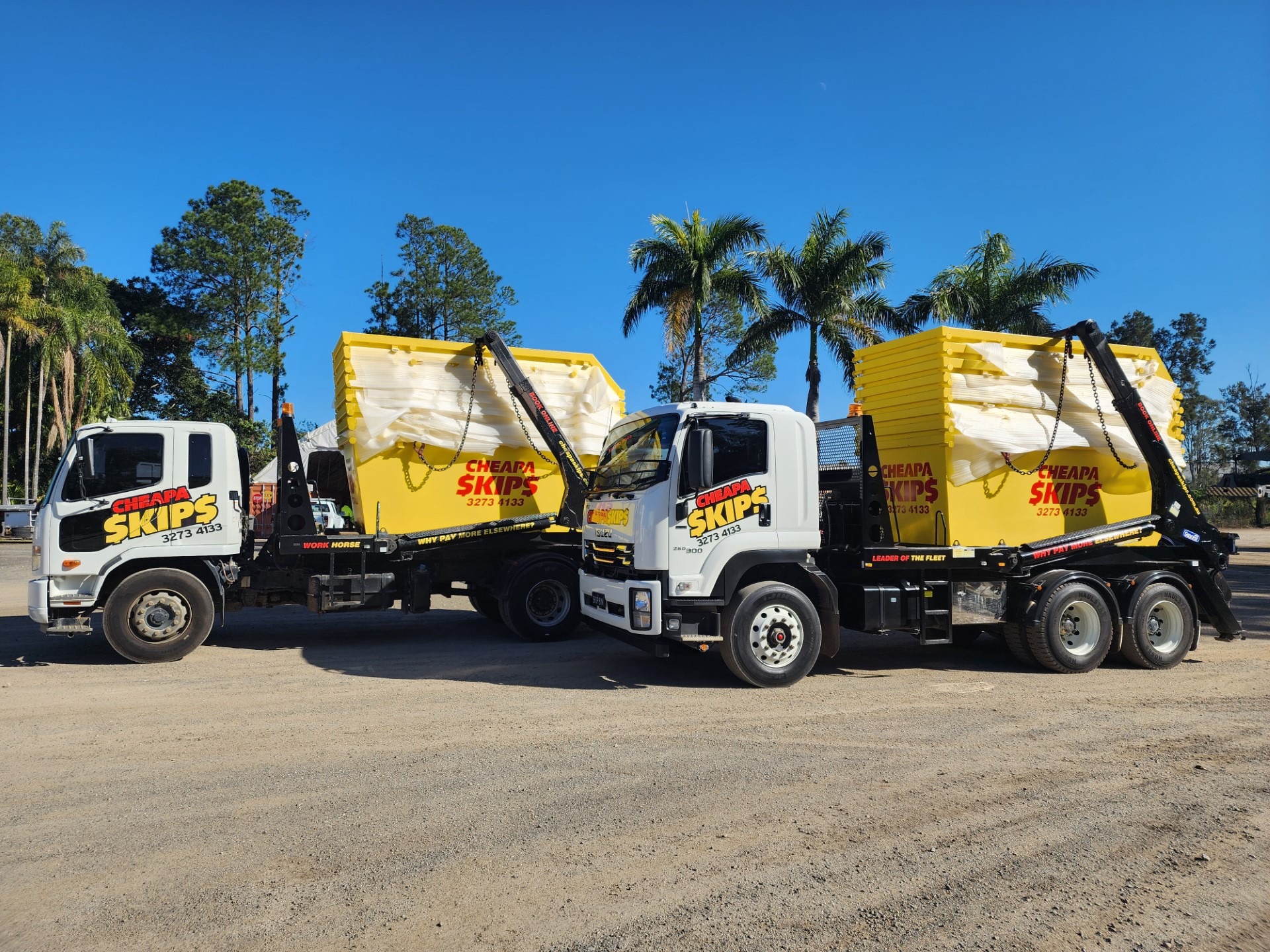Skip vehicle trucks with stacked skip bins to promote the benefits of professional skip bin hire